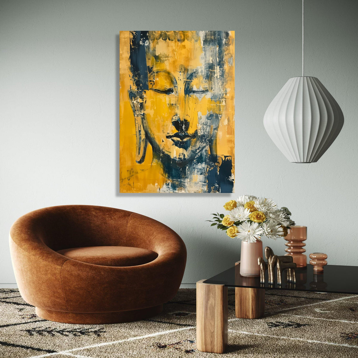 Abstract Buddha Face Canvas Wall Art, Modern Spiritual Meditation Decor, Yellow and Blue Artistic Portrait, Gift Art, Home Decor, Print