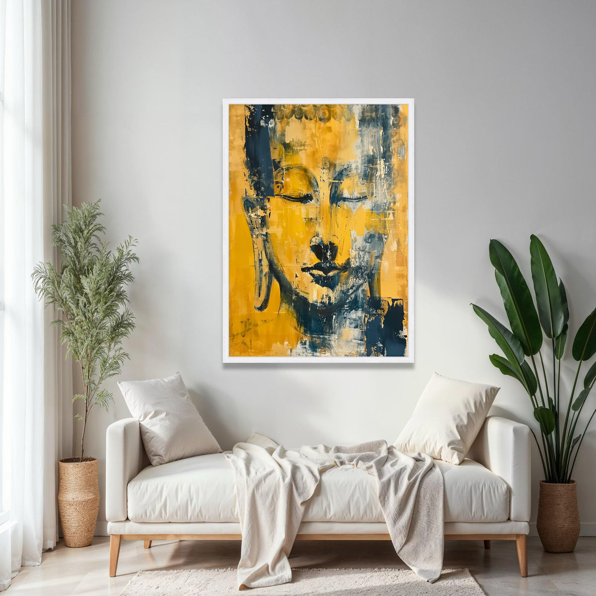 Abstract Buddha Face Canvas Wall Art, Modern Spiritual Meditation Decor, Yellow and Blue Artistic Portrait, Gift Art, Home Decor, Print