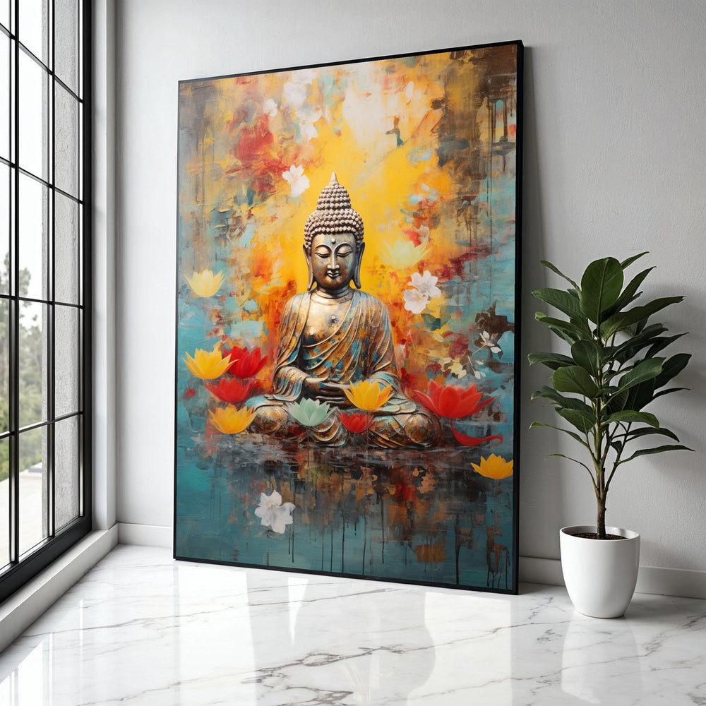 Serene Buddha Meditation Canvas, Lotus Flower Wall Art, Spiritual Zen Decor, Tranquil Buddha Statue Print, Gift Art, Home Decor, Print
