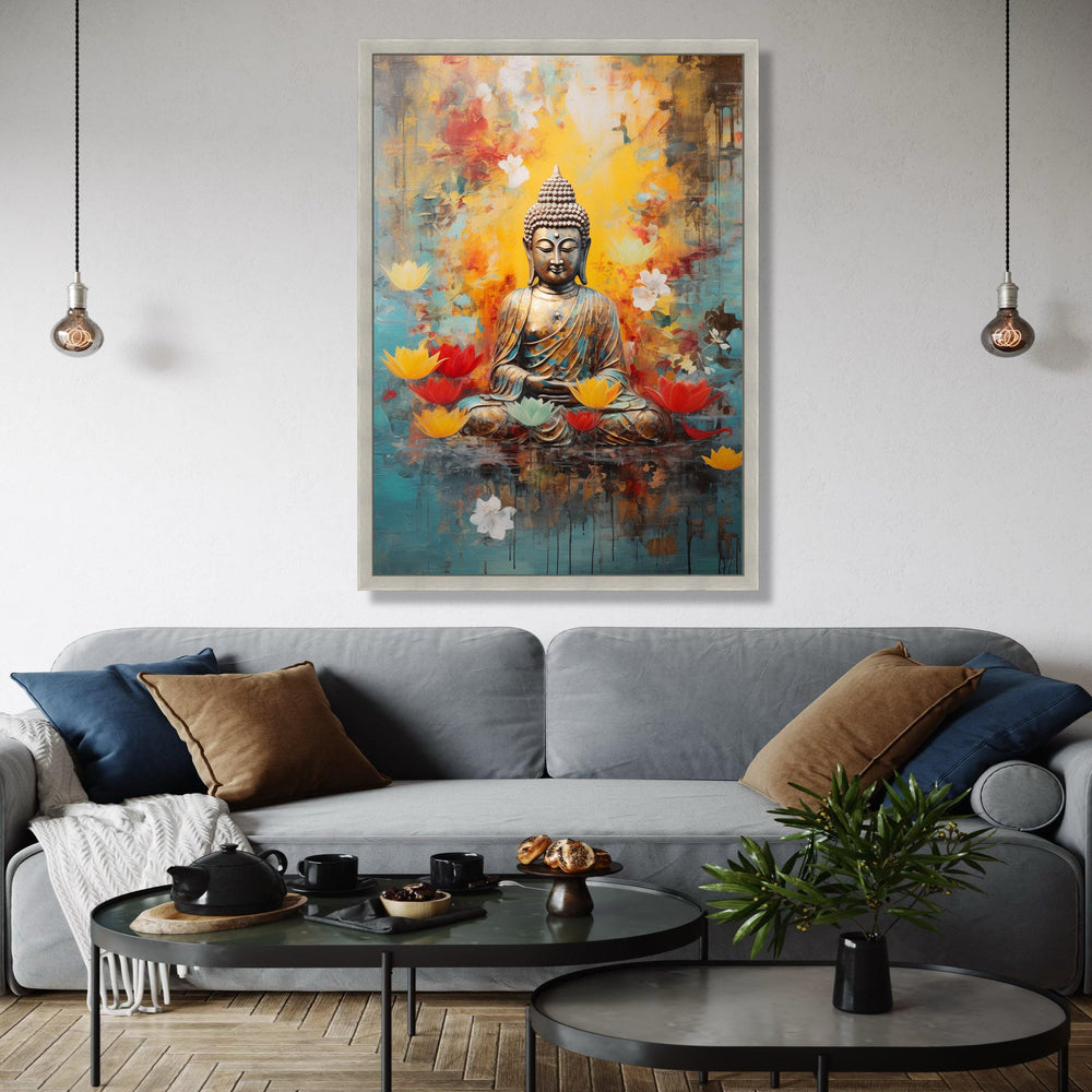 Serene Buddha Meditation Canvas, Lotus Flower Wall Art, Spiritual Zen Decor, Tranquil Buddha Statue Print, Gift Art, Home Decor, Print