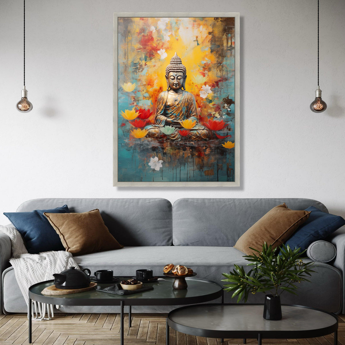 Serene Buddha Meditation Canvas, Lotus Flower Wall Art, Spiritual Zen Decor, Tranquil Buddha Statue Print, Gift Art, Home Decor, Print