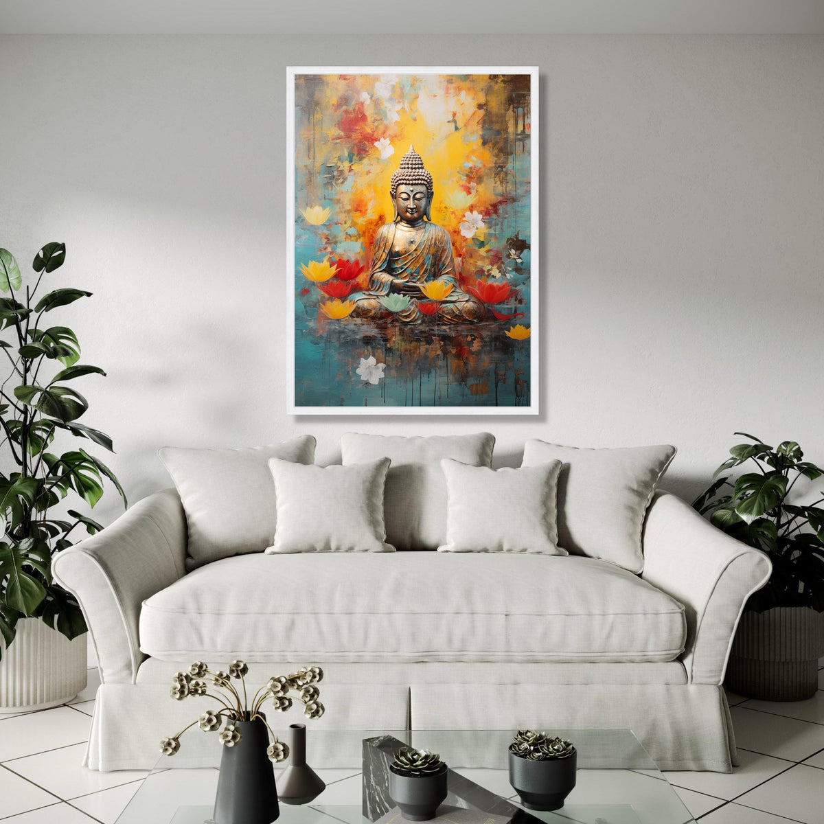 Serene Buddha Meditation Canvas, Lotus Flower Wall Art, Spiritual Zen Decor, Tranquil Buddha Statue Print, Gift Art, Home Decor, Print