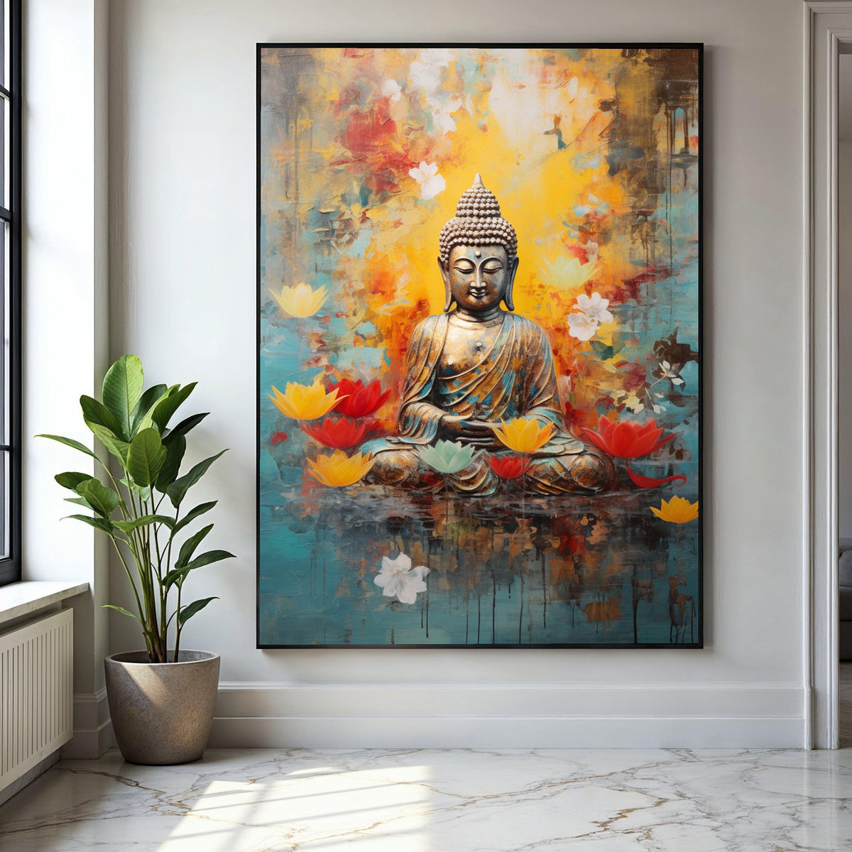 Serene Buddha Meditation Canvas, Lotus Flower Wall Art, Spiritual Zen Decor, Tranquil Buddha Statue Print, Gift Art, Home Decor, Print