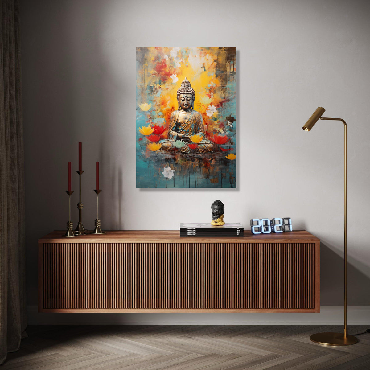 Serene Buddha Meditation Canvas, Lotus Flower Wall Art, Spiritual Zen Decor, Tranquil Buddha Statue Print, Gift Art, Home Decor, Print