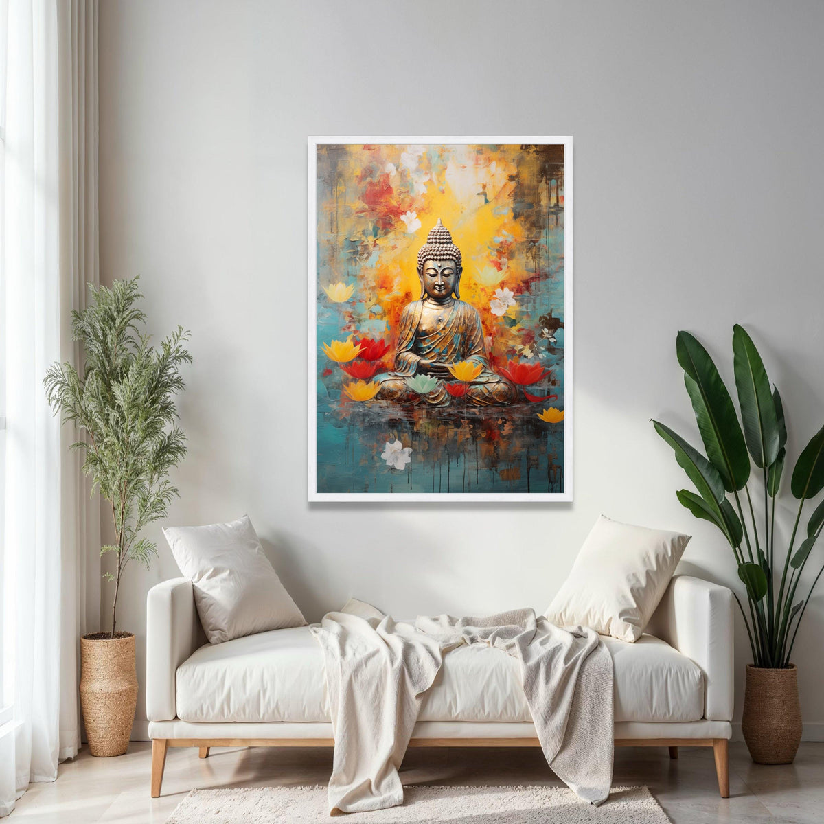 Serene Buddha Meditation Canvas, Lotus Flower Wall Art, Spiritual Zen Decor, Tranquil Buddha Statue Print, Gift Art, Home Decor, Print