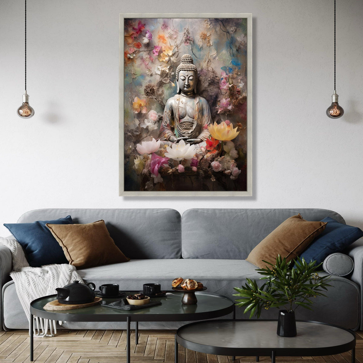 Tranquil Buddha Statue Canvas, Zen Meditation Wall Art, Floral Serenity Canvas, Spiritual Home Decor, Peaceful Gift Art, Home Decor, Print