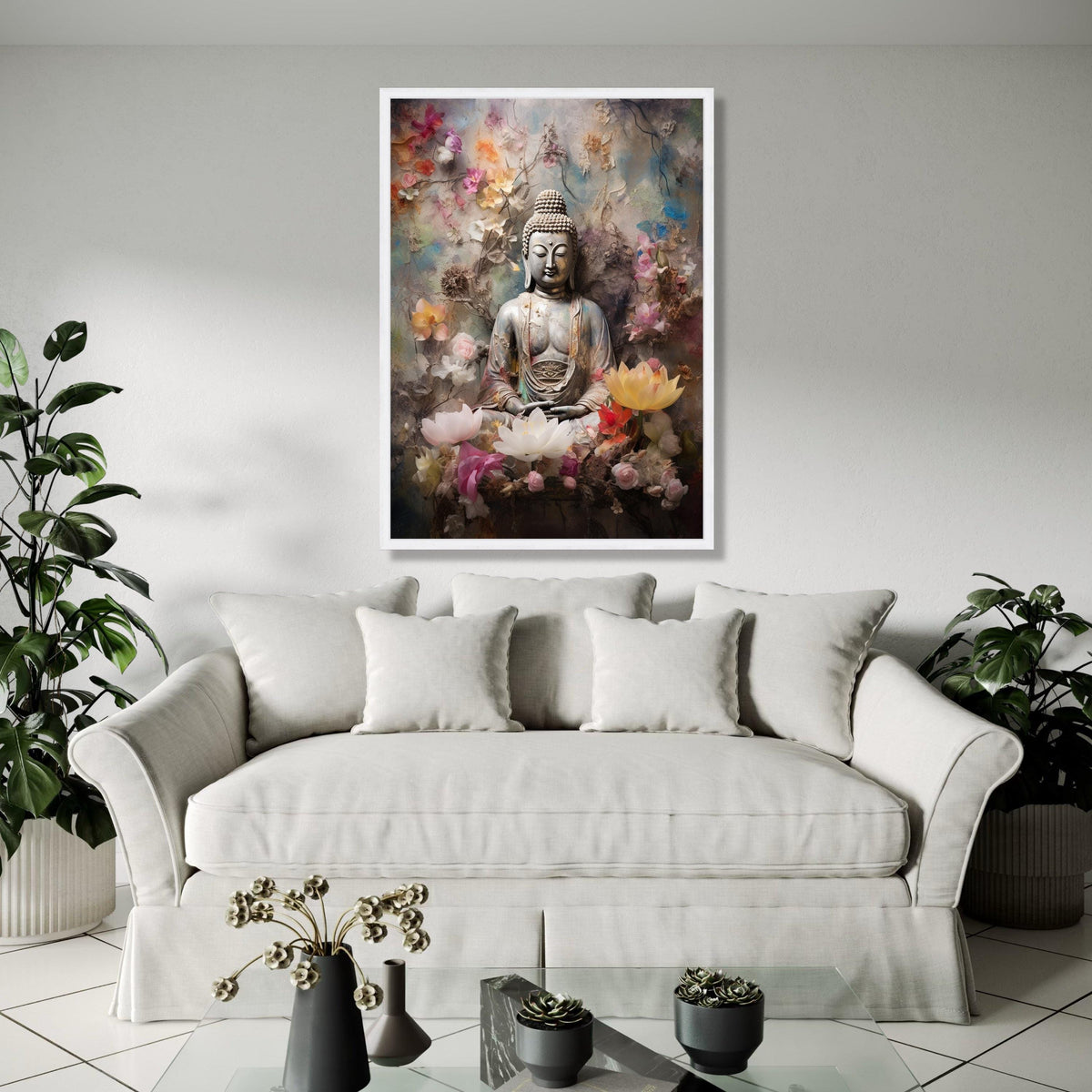 Tranquil Buddha Statue Canvas, Zen Meditation Wall Art, Floral Serenity Canvas, Spiritual Home Decor, Peaceful Gift Art, Home Decor, Print