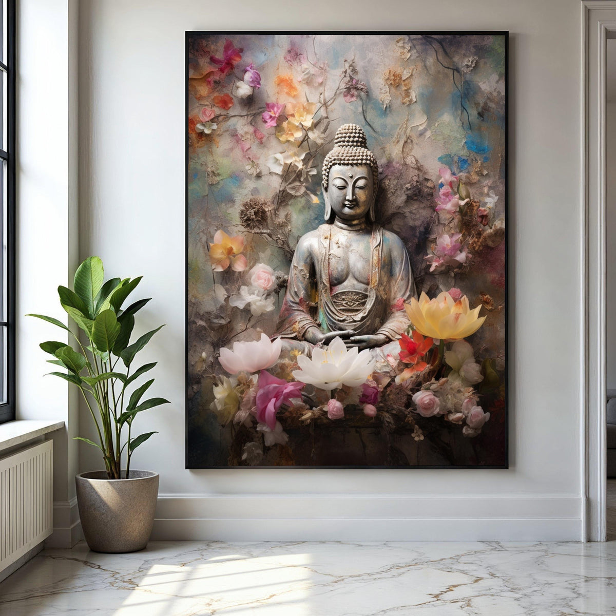 Tranquil Buddha Statue Canvas, Zen Meditation Wall Art, Floral Serenity Canvas, Spiritual Home Decor, Peaceful Gift Art, Home Decor, Print