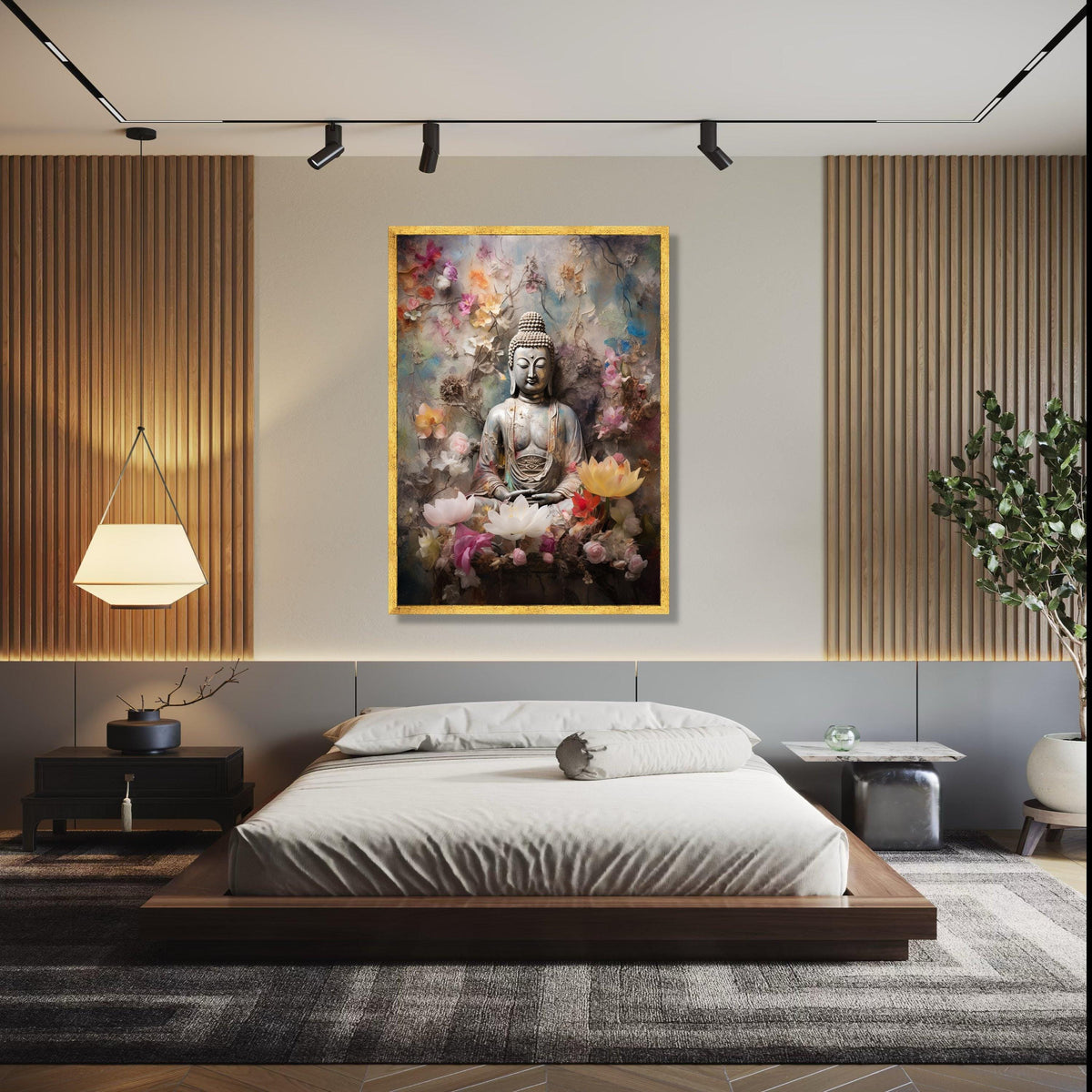 Tranquil Buddha Statue Canvas, Zen Meditation Wall Art, Floral Serenity Canvas, Spiritual Home Decor, Peaceful Gift Art, Home Decor, Print