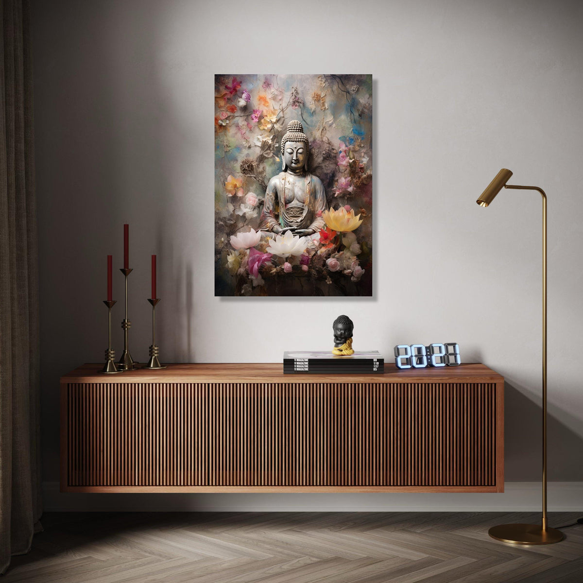 Tranquil Buddha Statue Canvas, Zen Meditation Wall Art, Floral Serenity Canvas, Spiritual Home Decor, Peaceful Gift Art, Home Decor, Print