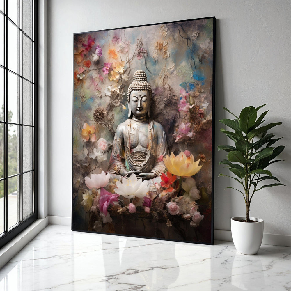 Tranquil Buddha Statue Canvas, Zen Meditation Wall Art, Floral Serenity Canvas, Spiritual Home Decor, Peaceful Gift Art, Home Decor, Print