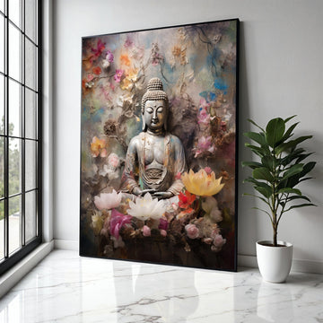 Tranquil Buddha Statue Canvas, Zen Meditation Wall Art, Floral Serenity Canvas, Spiritual Home Decor, Peaceful Gift Art, Home Decor, Print