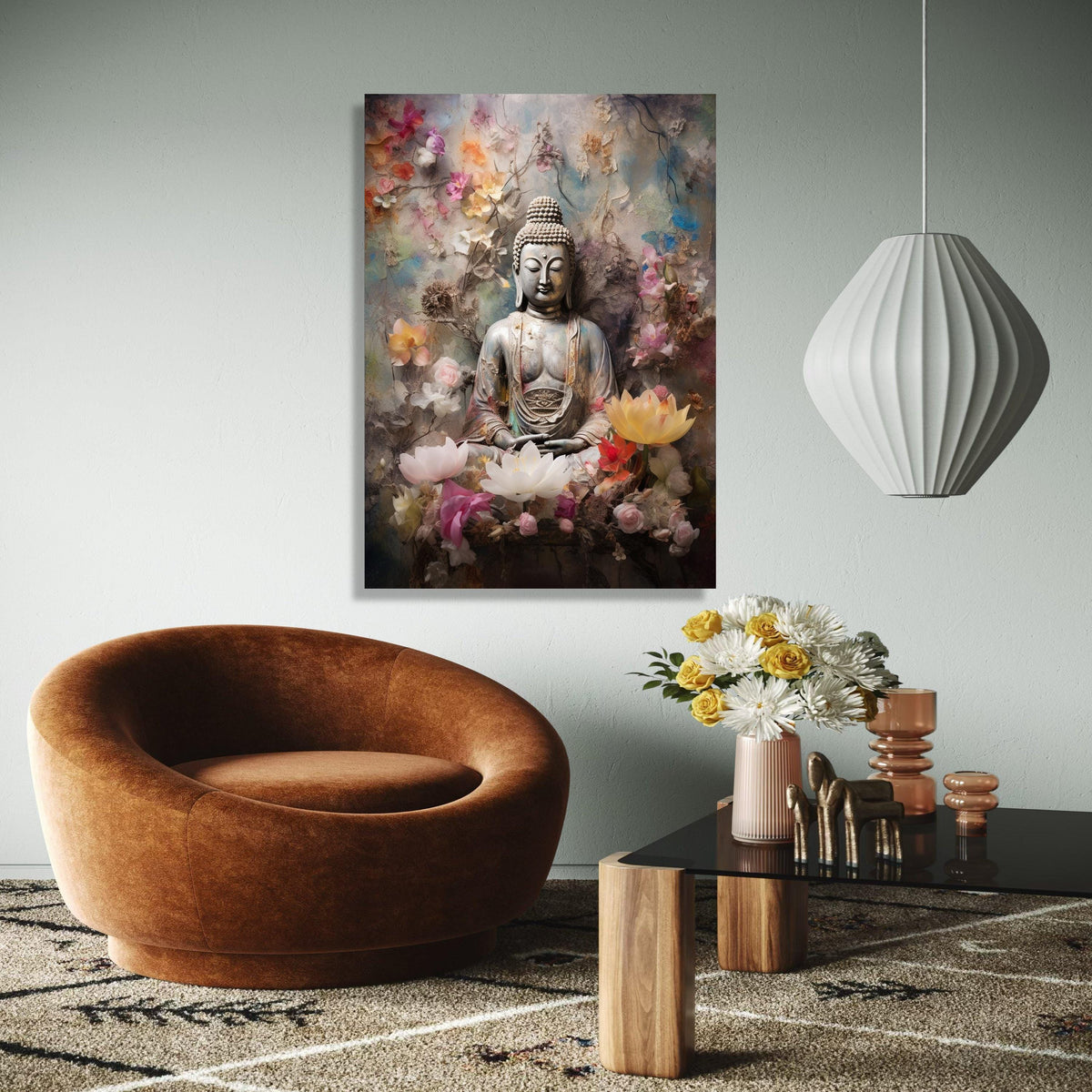 Tranquil Buddha Statue Canvas, Zen Meditation Wall Art, Floral Serenity Canvas, Spiritual Home Decor, Peaceful Gift Art, Home Decor, Print