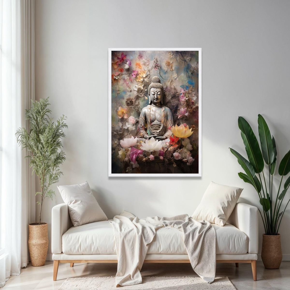 Tranquil Buddha Statue Canvas, Zen Meditation Wall Art, Floral Serenity Canvas, Spiritual Home Decor, Peaceful Gift Art, Home Decor, Print