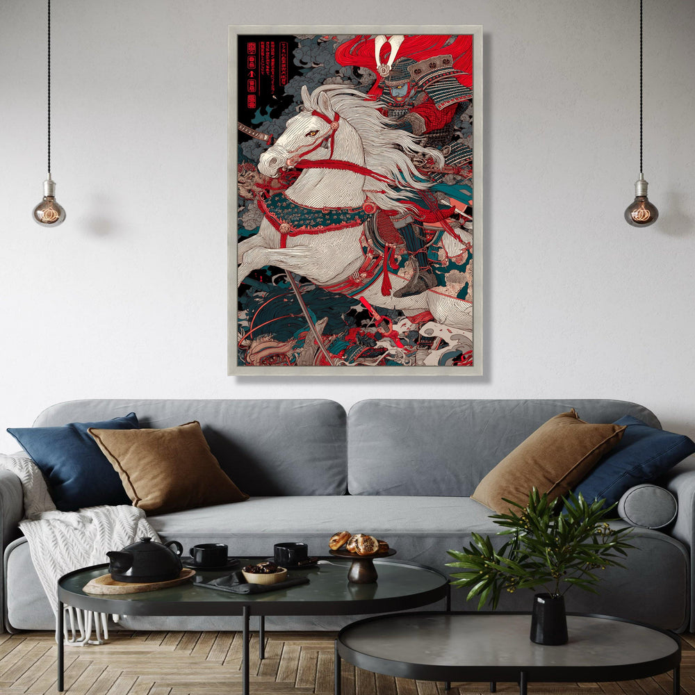 Fierce Samurai Warrior on White Horse Canvas, Japanese Battle Scene Wall Art, Traditional Armor Canvas, Oriental Gift Art, Home Decor, Print