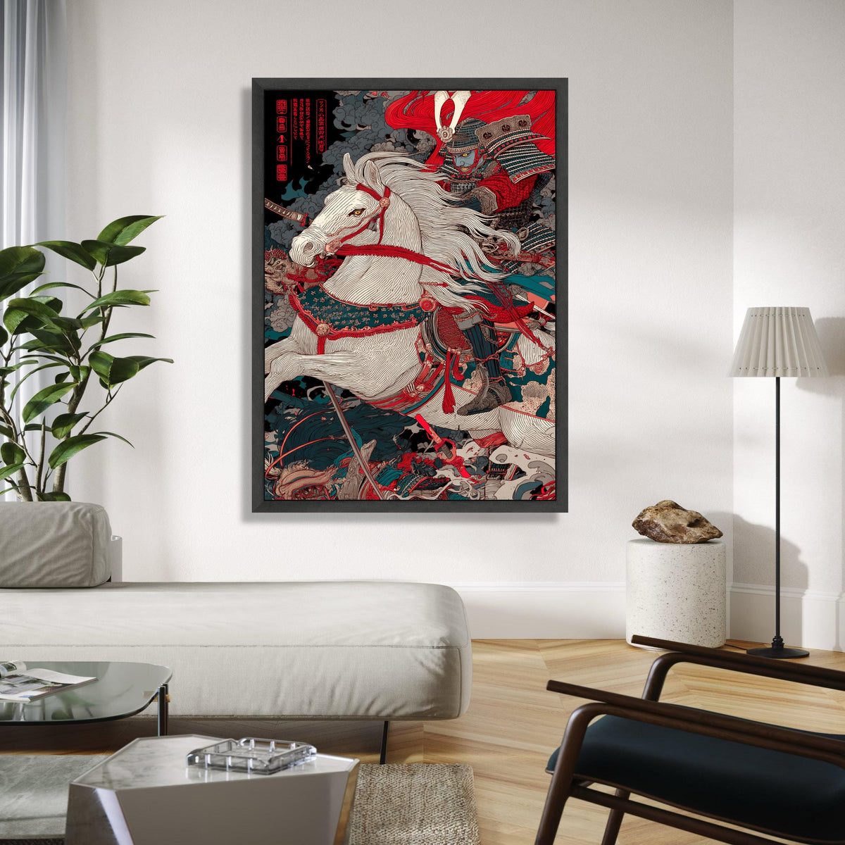 Fierce Samurai Warrior on White Horse Canvas, Japanese Battle Scene Wall Art, Traditional Armor Canvas, Oriental Gift Art, Home Decor, Print