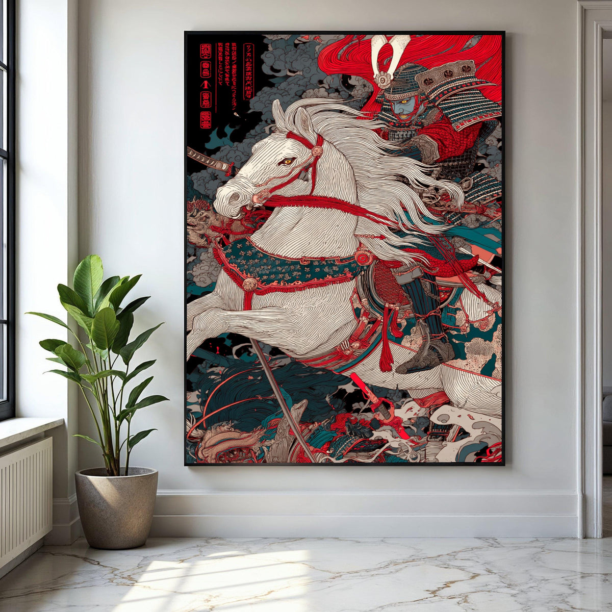 Fierce Samurai Warrior on White Horse Canvas, Japanese Battle Scene Wall Art, Traditional Armor Canvas, Oriental Gift Art, Home Decor, Print