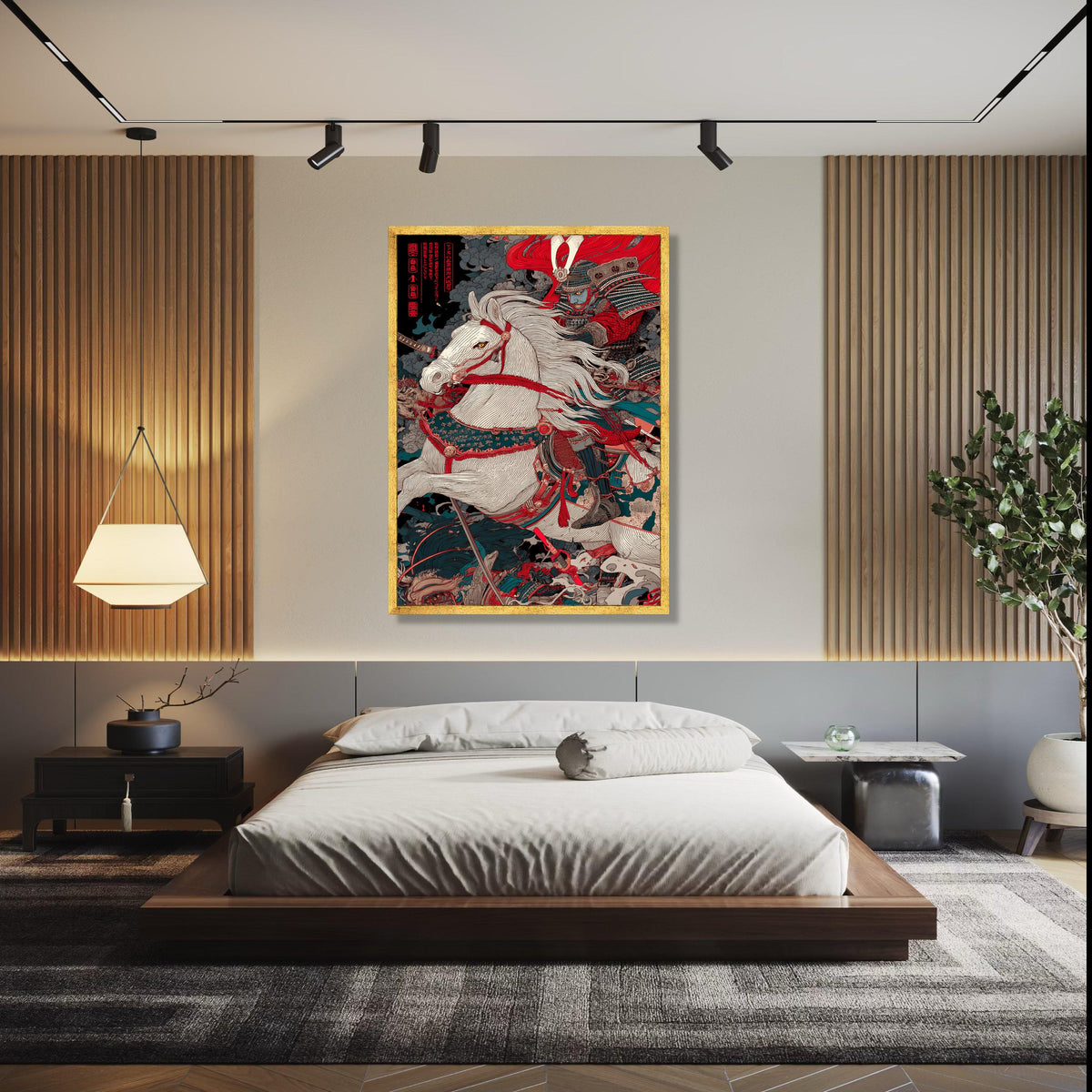 Fierce Samurai Warrior on White Horse Canvas, Japanese Battle Scene Wall Art, Traditional Armor Canvas, Oriental Gift Art, Home Decor, Print