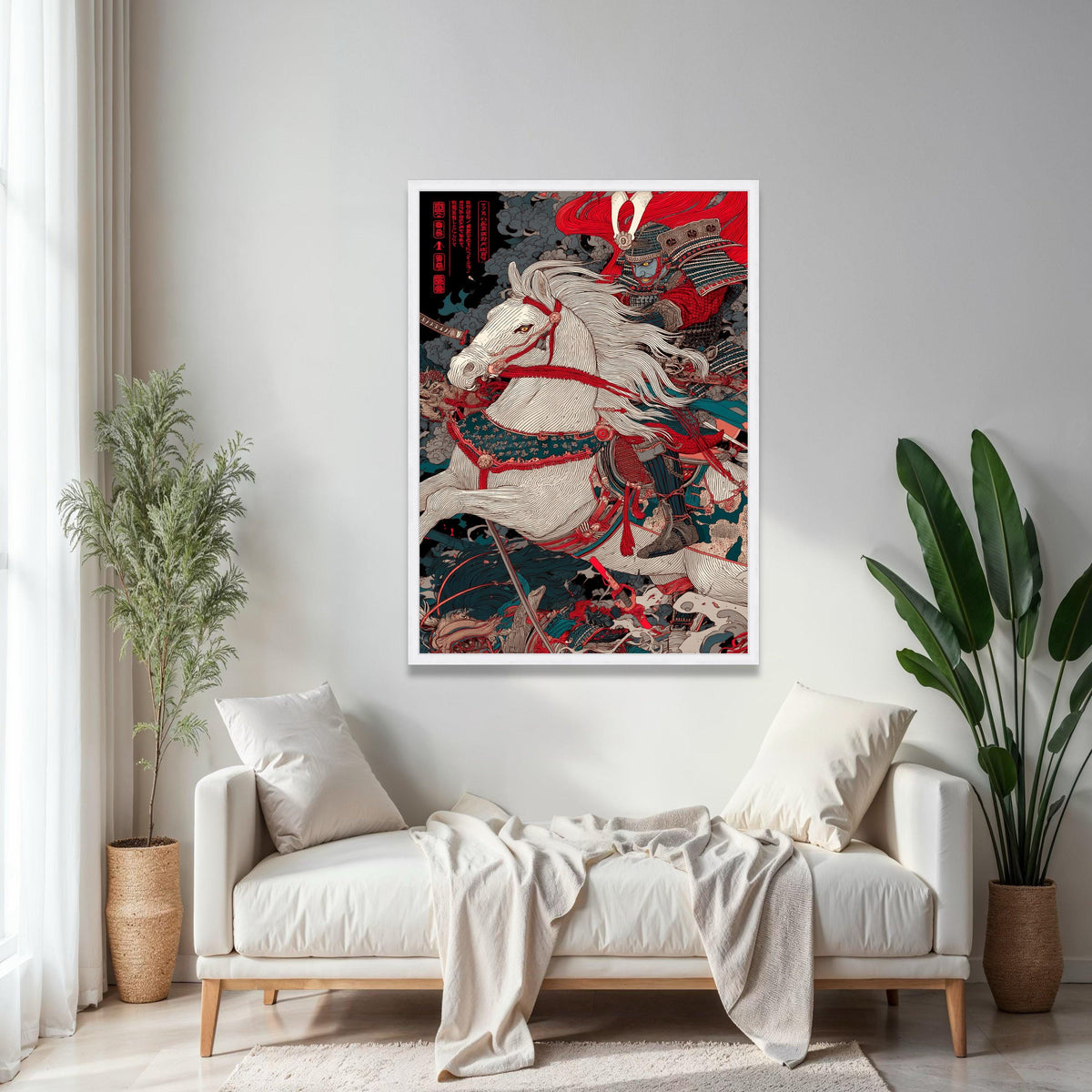 Fierce Samurai Warrior on White Horse Canvas, Japanese Battle Scene Wall Art, Traditional Armor Canvas, Oriental Gift Art, Home Decor, Print