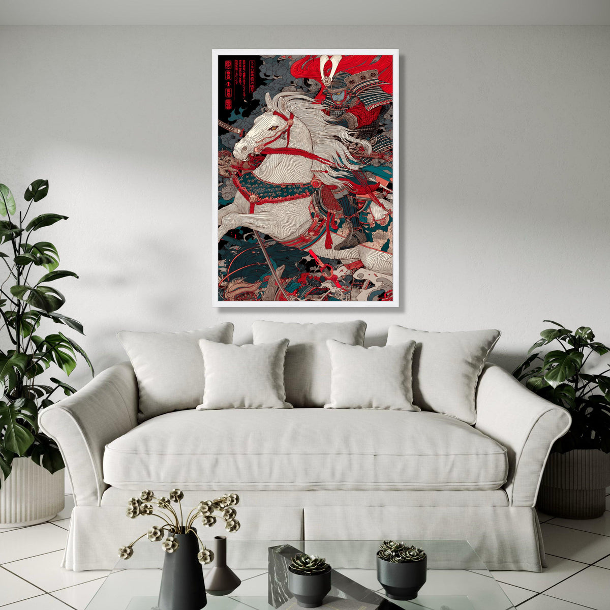 Fierce Samurai Warrior on White Horse Canvas, Japanese Battle Scene Wall Art, Traditional Armor Canvas, Oriental Gift Art, Home Decor, Print