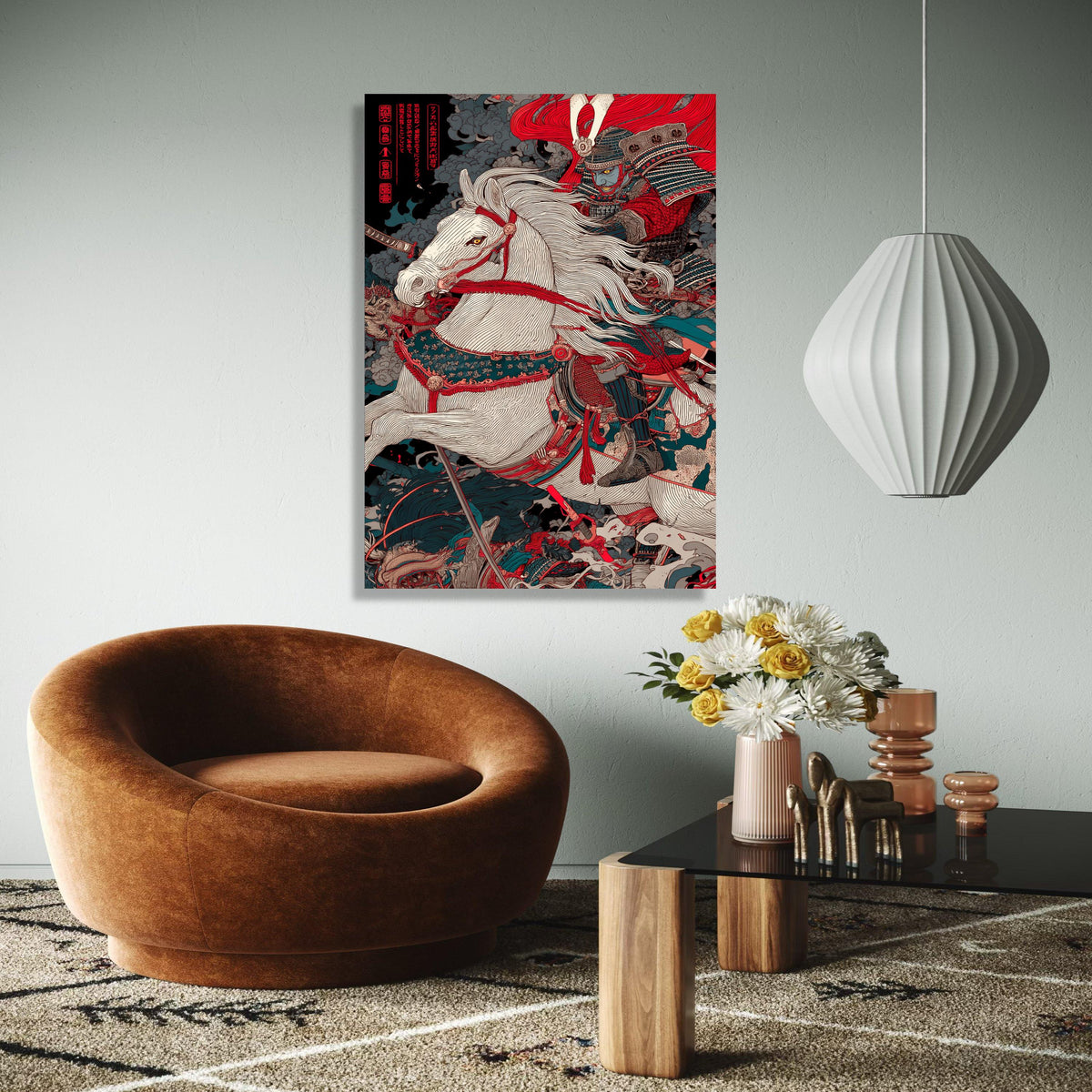 Fierce Samurai Warrior on White Horse Canvas, Japanese Battle Scene Wall Art, Traditional Armor Canvas, Oriental Gift Art, Home Decor, Print
