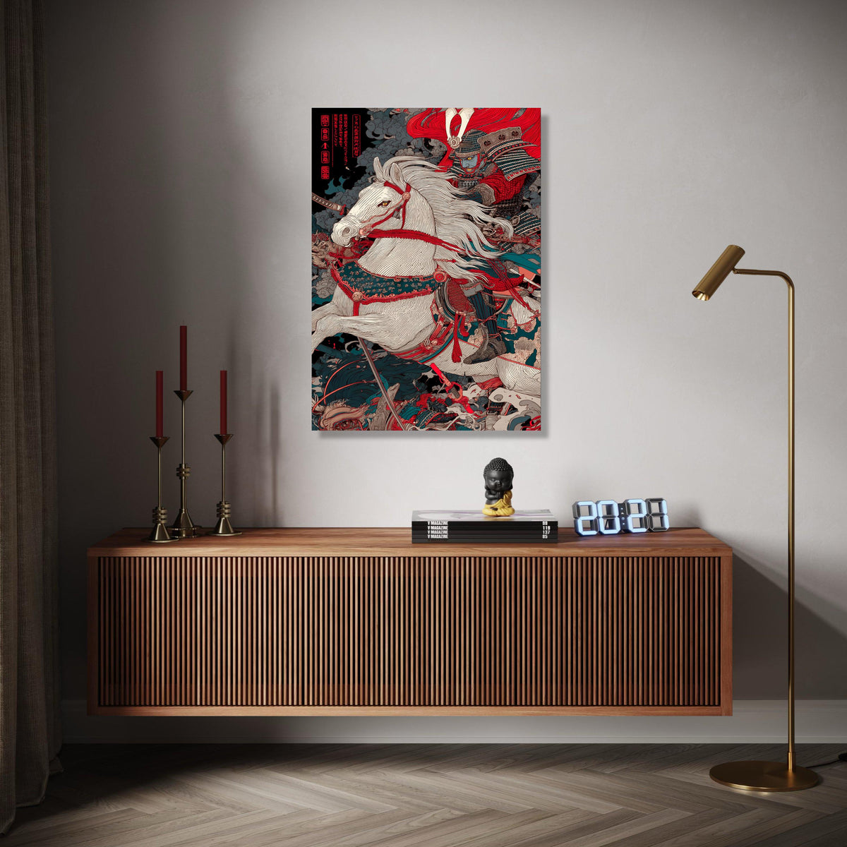 Fierce Samurai Warrior on White Horse Canvas, Japanese Battle Scene Wall Art, Traditional Armor Canvas, Oriental Gift Art, Home Decor, Print