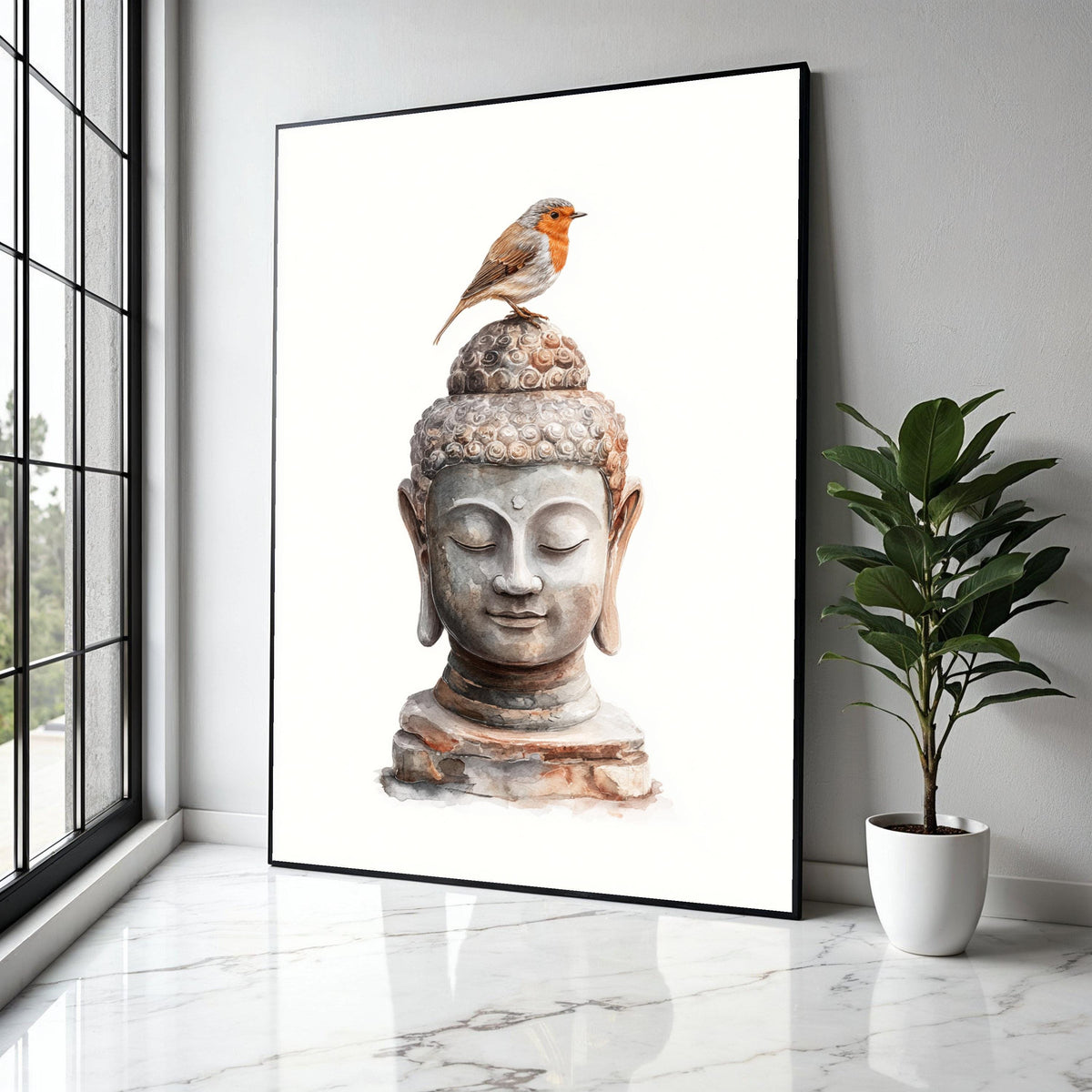 Tranquil Buddha Head Canvas Wall Art with Robin Bird, Zen Meditation Decor, Spiritual Nature Artwork, Peaceful Gift Art, Home Decor, Print