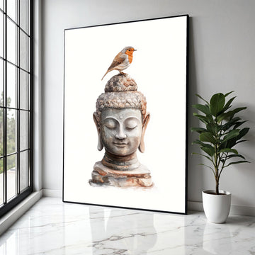 Tranquil Buddha Head Canvas Wall Art with Robin Bird, Zen Meditation Decor, Spiritual Nature Artwork, Peaceful Gift Art, Home Decor, Print
