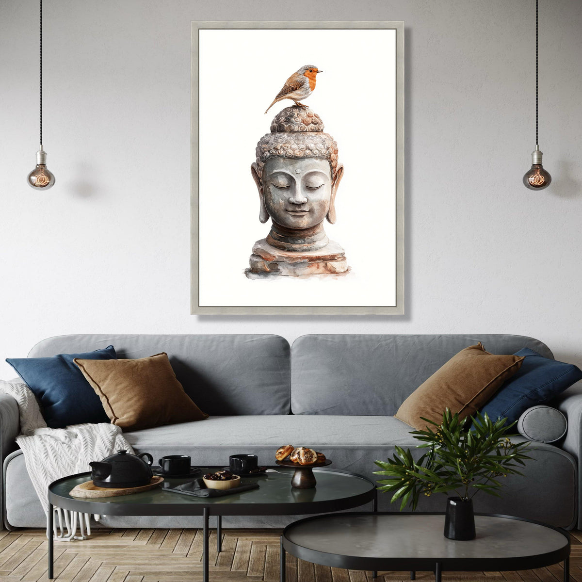 Tranquil Buddha Head Canvas Wall Art with Robin Bird, Zen Meditation Decor, Spiritual Nature Artwork, Peaceful Gift Art, Home Decor, Print