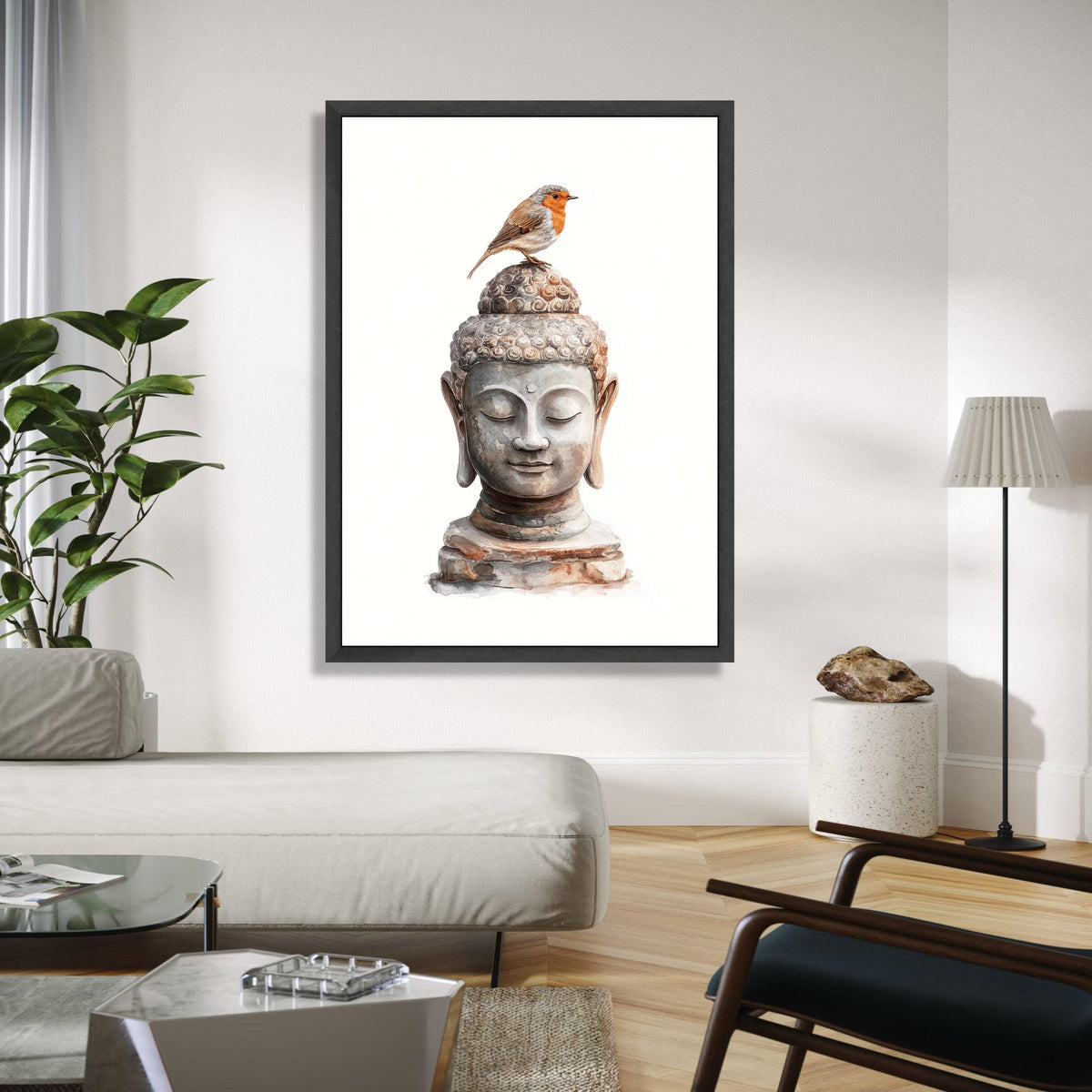Tranquil Buddha Head Canvas Wall Art with Robin Bird, Zen Meditation Decor, Spiritual Nature Artwork, Peaceful Gift Art, Home Decor, Print