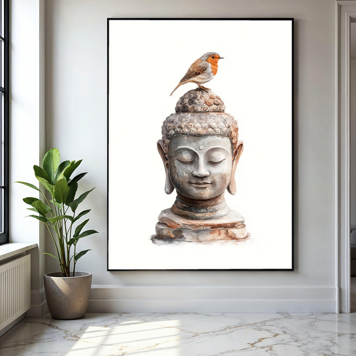 Tranquil Buddha Head Canvas Wall Art with Robin Bird, Zen Meditation Decor, Spiritual Nature Artwork, Peaceful Gift Art, Home Decor, Print