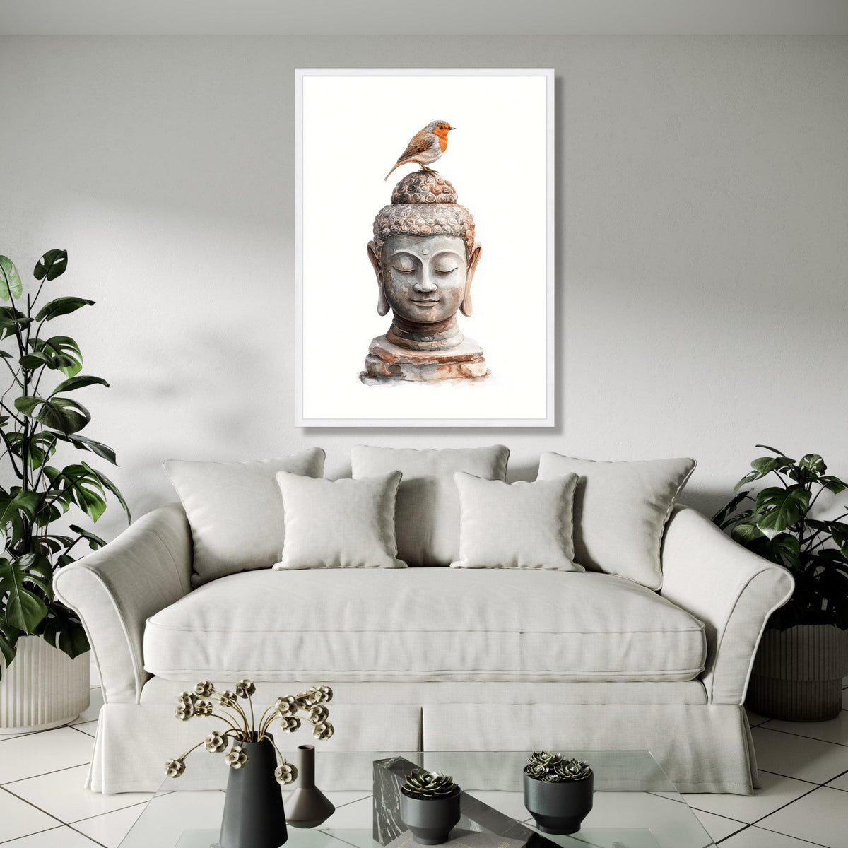 Tranquil Buddha Head Canvas Wall Art with Robin Bird, Zen Meditation Decor, Spiritual Nature Artwork, Peaceful Gift Art, Home Decor, Print