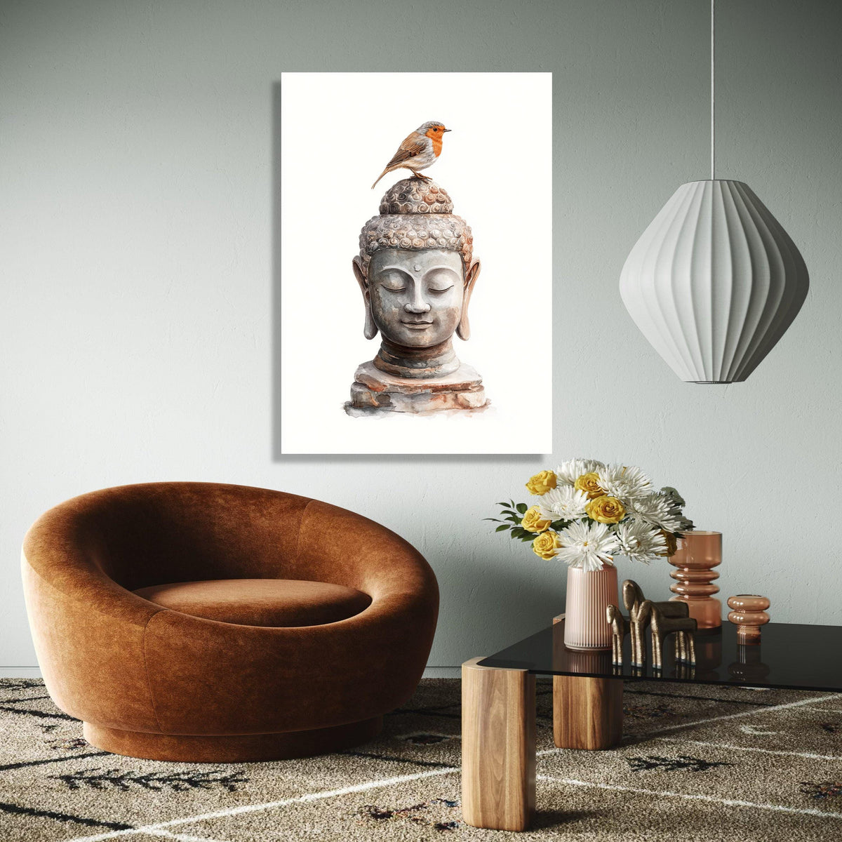 Tranquil Buddha Head Canvas Wall Art with Robin Bird, Zen Meditation Decor, Spiritual Nature Artwork, Peaceful Gift Art, Home Decor, Print