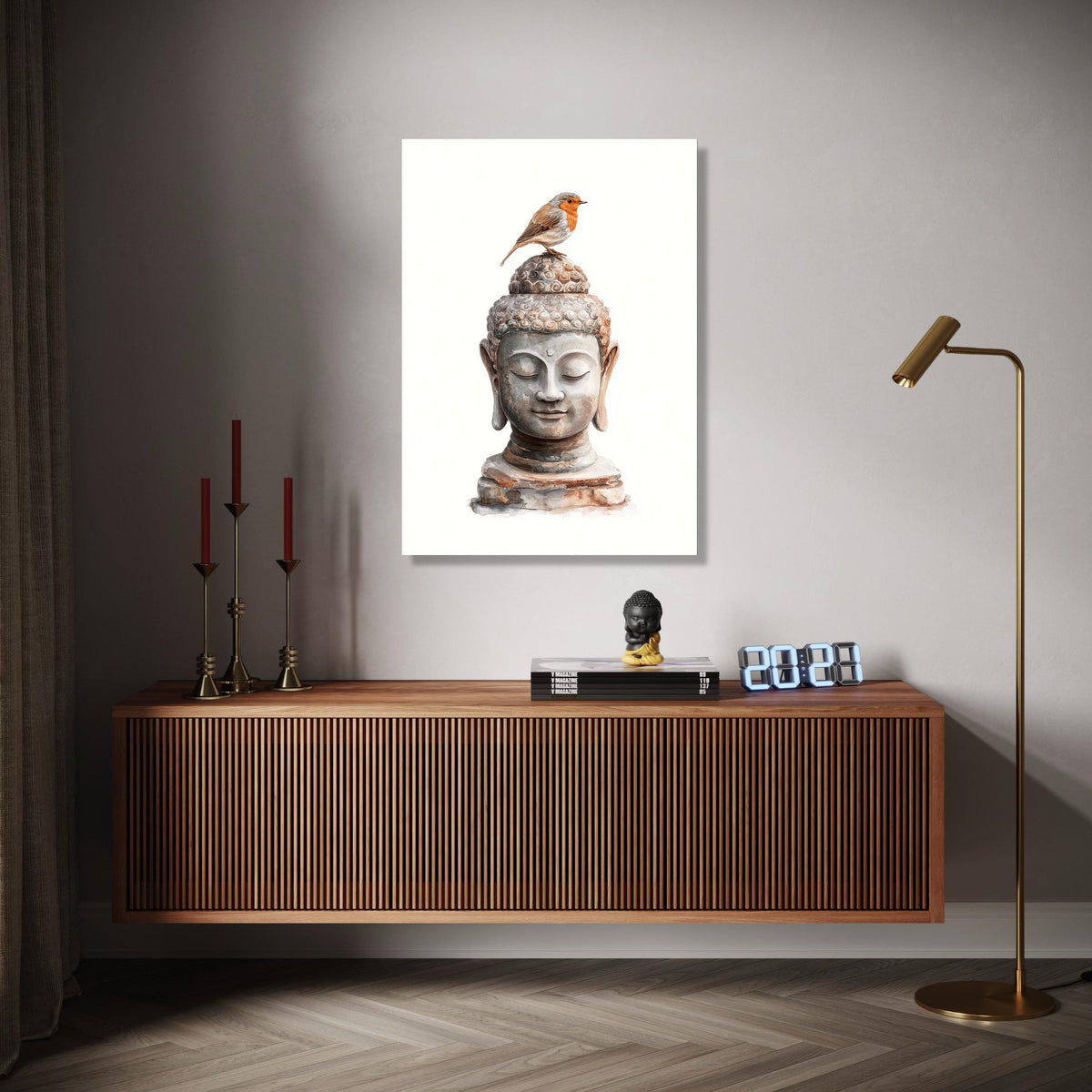 Tranquil Buddha Head Canvas Wall Art with Robin Bird, Zen Meditation Decor, Spiritual Nature Artwork, Peaceful Gift Art, Home Decor, Print