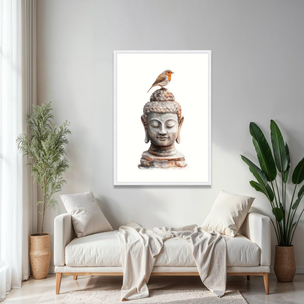 Tranquil Buddha Head Canvas Wall Art with Robin Bird, Zen Meditation Decor, Spiritual Nature Artwork, Peaceful Gift Art, Home Decor, Print