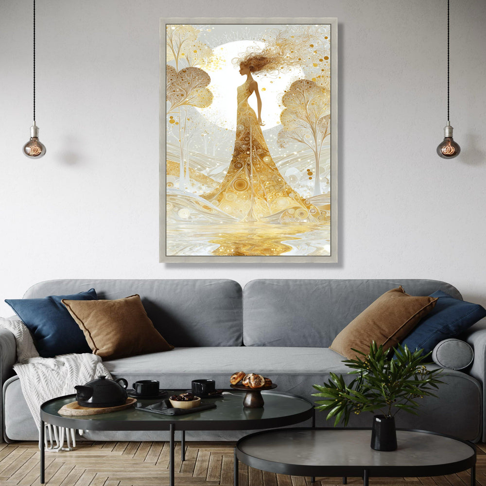Golden Goddess Canvas Art, Abstract Female Silhouette, Ethereal Nature Scene, Elegant Wall Decor, Modern Fantasy Gift Art, Home Decor, Print