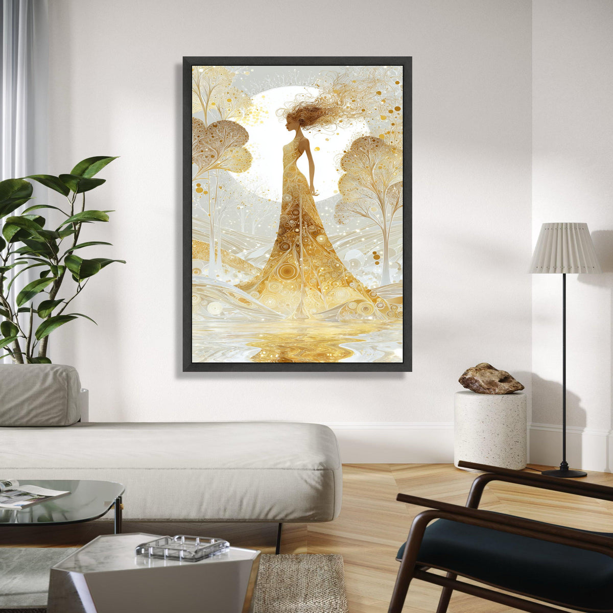 Golden Goddess Canvas Art, Abstract Female Silhouette, Ethereal Nature Scene, Elegant Wall Decor, Modern Fantasy Gift Art, Home Decor, Print