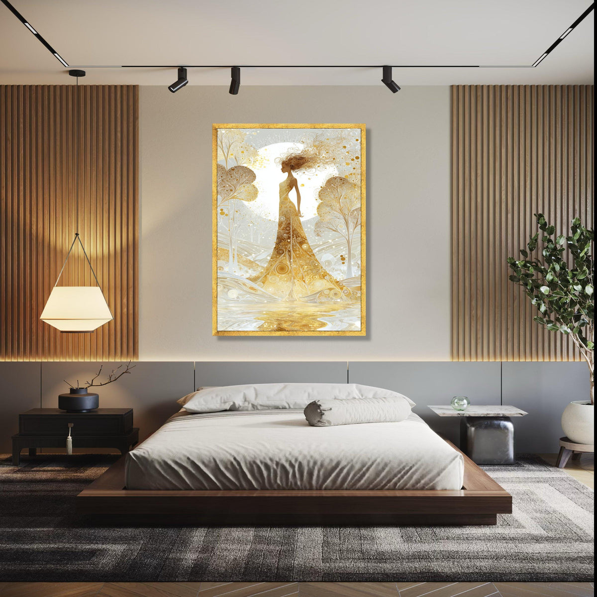 Golden Goddess Canvas Art, Abstract Female Silhouette, Ethereal Nature Scene, Elegant Wall Decor, Modern Fantasy Gift Art, Home Decor, Print