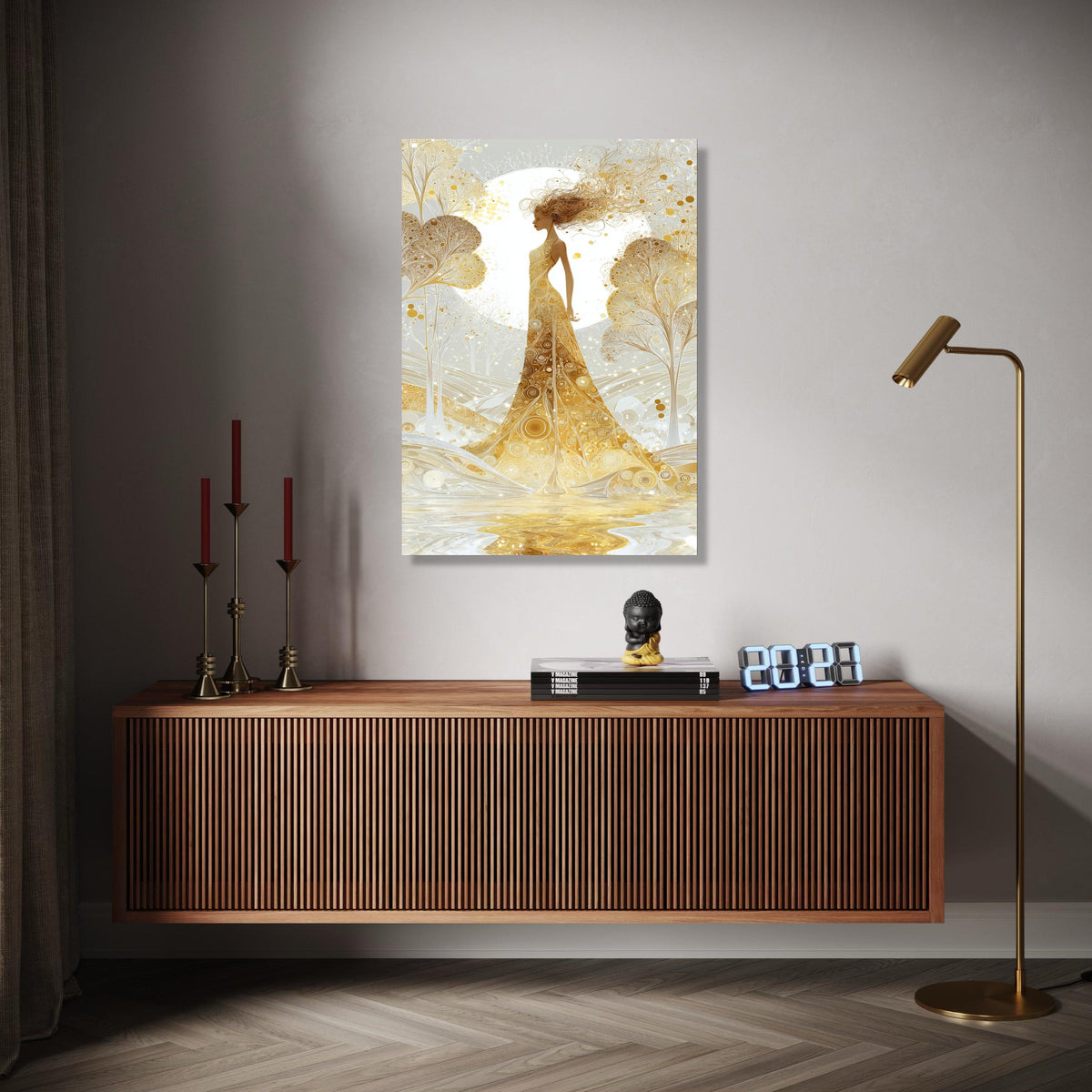 Golden Goddess Canvas Art, Abstract Female Silhouette, Ethereal Nature Scene, Elegant Wall Decor, Modern Fantasy Gift Art, Home Decor, Print