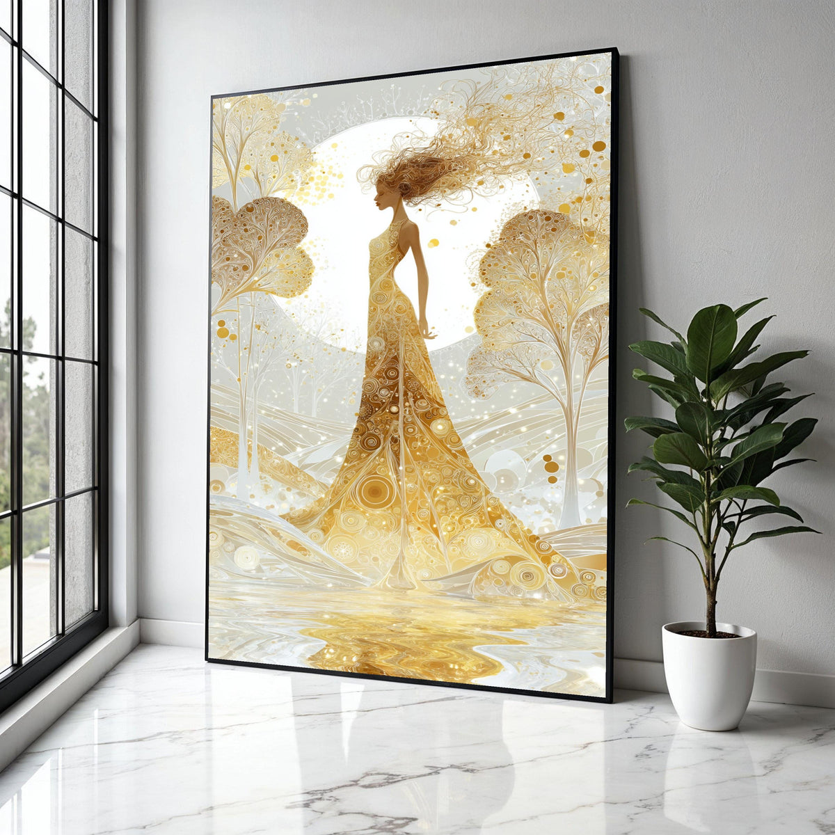 Golden Goddess Canvas Art, Abstract Female Silhouette, Ethereal Nature Scene, Elegant Wall Decor, Modern Fantasy Gift Art, Home Decor, Print