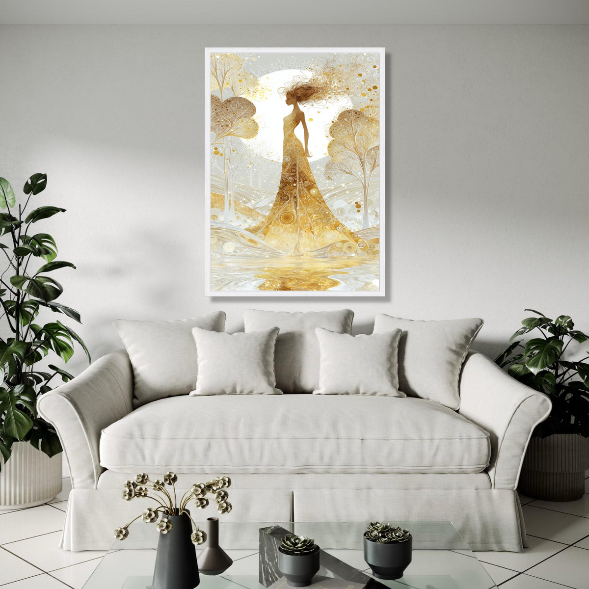 Golden Goddess Canvas Art, Abstract Female Silhouette, Ethereal Nature Scene, Elegant Wall Decor, Modern Fantasy Gift Art, Home Decor, Print