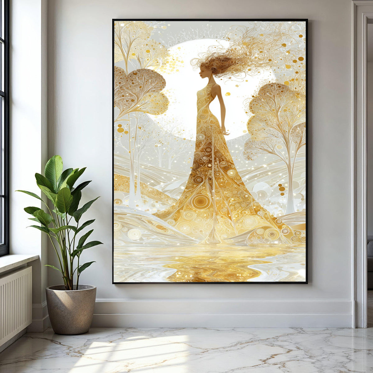 Golden Goddess Canvas Art, Abstract Female Silhouette, Ethereal Nature Scene, Elegant Wall Decor, Modern Fantasy Gift Art, Home Decor, Print