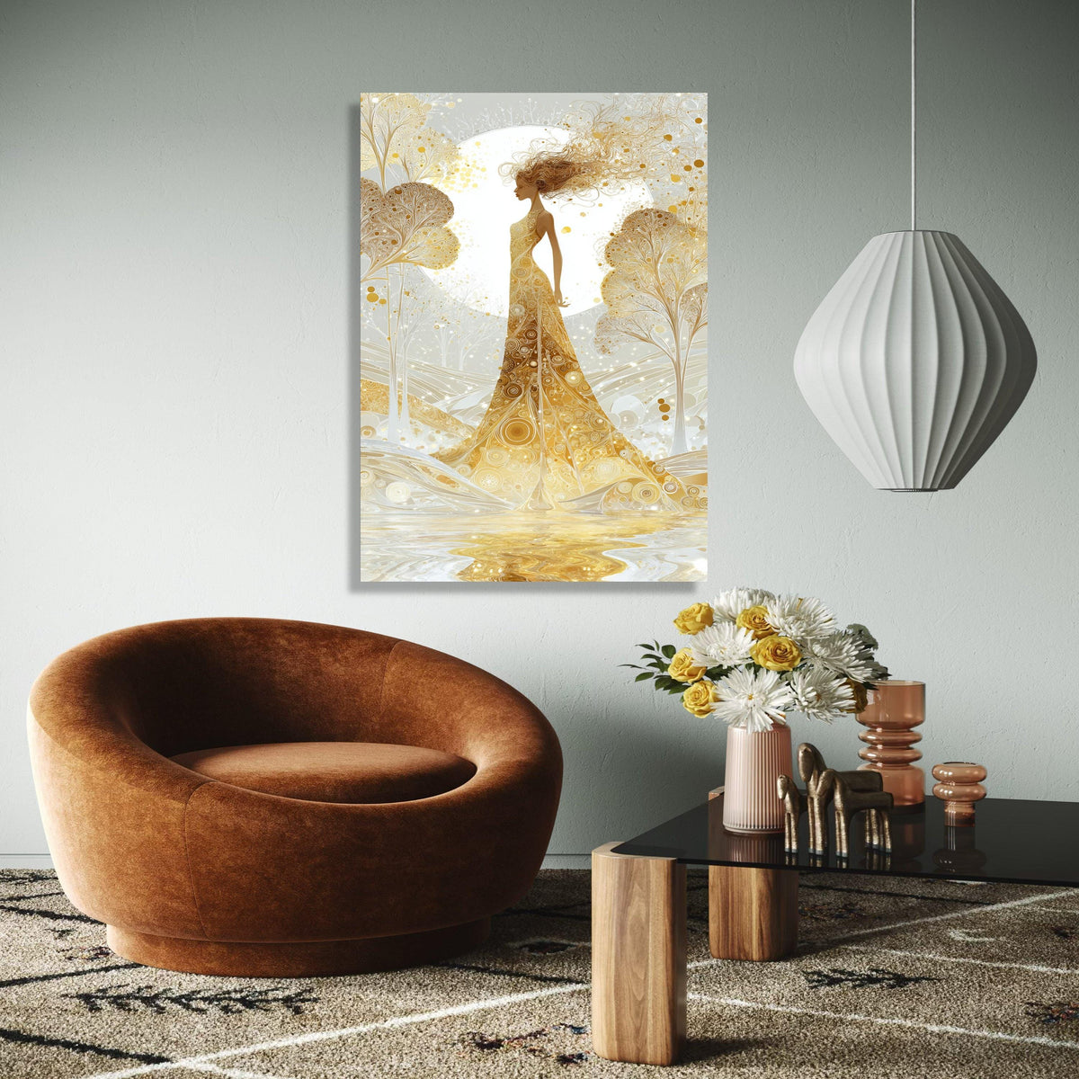 Golden Goddess Canvas Art, Abstract Female Silhouette, Ethereal Nature Scene, Elegant Wall Decor, Modern Fantasy Gift Art, Home Decor, Print