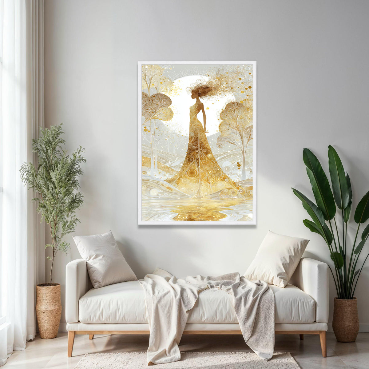 Golden Goddess Canvas Art, Abstract Female Silhouette, Ethereal Nature Scene, Elegant Wall Decor, Modern Fantasy Gift Art, Home Decor, Print