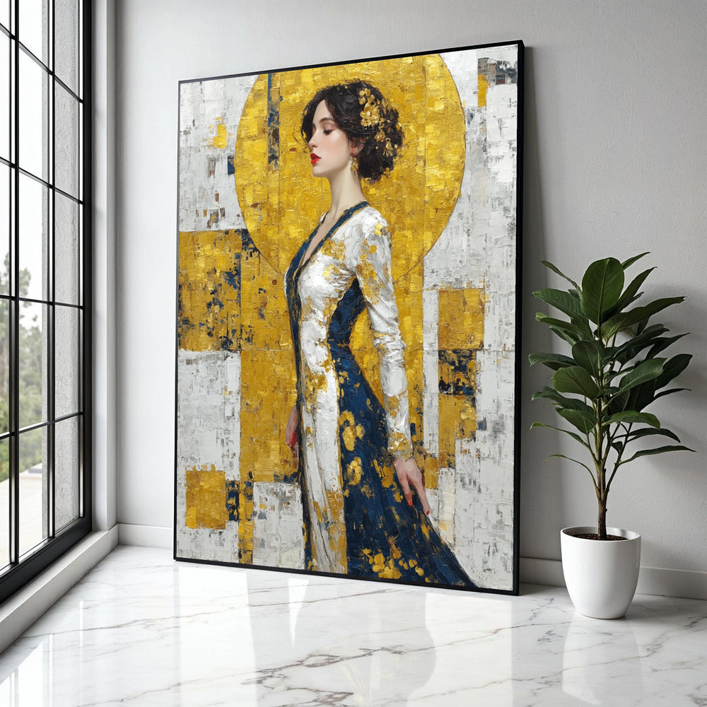 Elegant Woman Portrait Canvas, Gold and Navy Abstract Dress, Impasto Art, Modern Figurative Wall Art, Stylish Gift Art, Home Decor, Print
