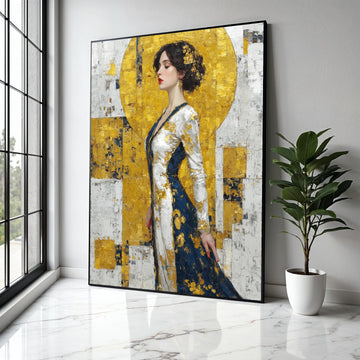Elegant Woman Portrait Canvas, Gold and Navy Abstract Dress, Impasto Art, Modern Figurative Wall Art, Stylish Gift Art, Home Decor, Print