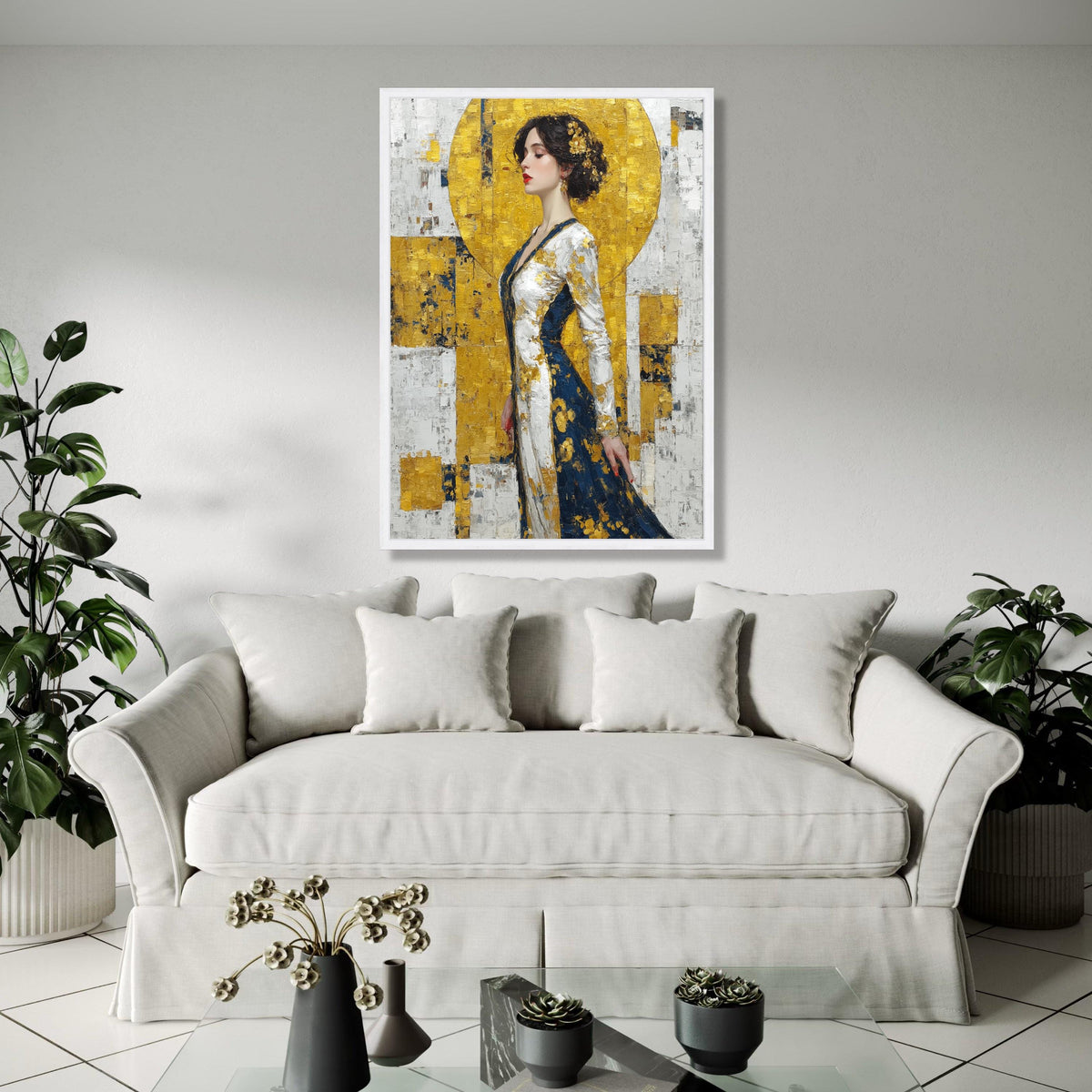 Elegant Woman Portrait Canvas, Gold and Navy Abstract Dress, Impasto Art, Modern Figurative Wall Art, Stylish Gift Art, Home Decor, Print