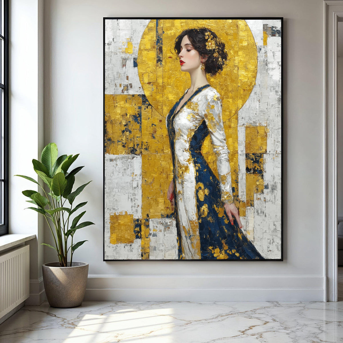 Elegant Woman Portrait Canvas, Gold and Navy Abstract Dress, Impasto Art, Modern Figurative Wall Art, Stylish Gift Art, Home Decor, Print