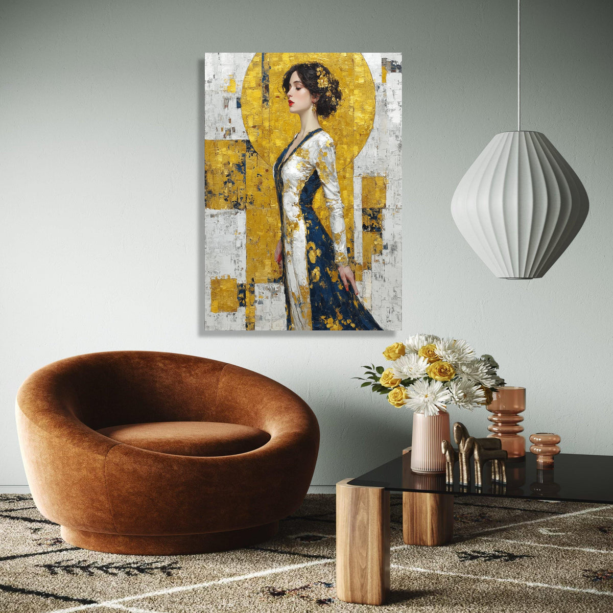 Elegant Woman Portrait Canvas, Gold and Navy Abstract Dress, Impasto Art, Modern Figurative Wall Art, Stylish Gift Art, Home Decor, Print