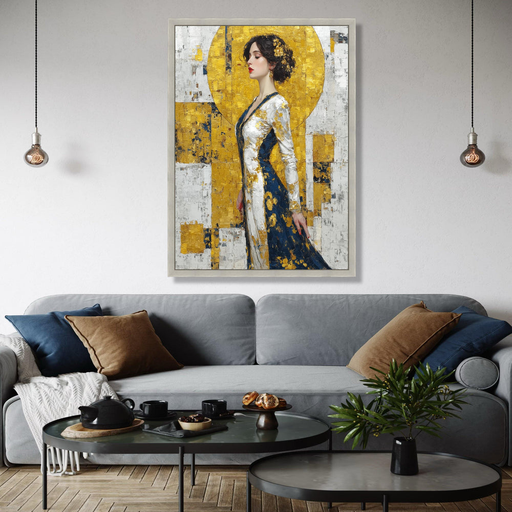 Elegant Woman Portrait Canvas, Gold and Navy Abstract Dress, Impasto Art, Modern Figurative Wall Art, Stylish Gift Art, Home Decor, Print